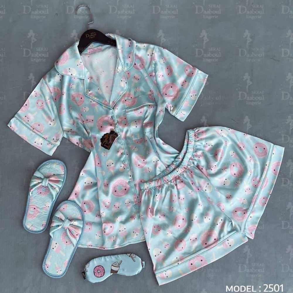 Pajama 4 piece set blouse shorts slippers graphic womens pajama for girls